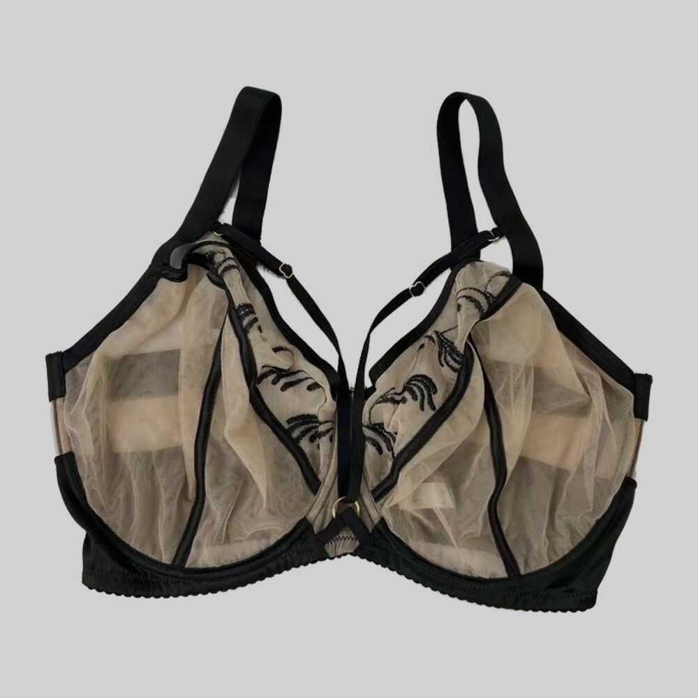 42I Bra Black Sheer Mesh Bra Inlined Full Coverage Underwire Support Strappy